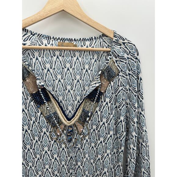 Skemo Women Size Small Blue Printed Sequin Tassel Tunic Swim Coverup Boho - Picture 6 of 9